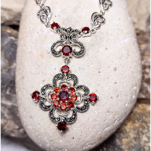 Belle Poque Jewelry - Ornate Garnet CZ Marcasite Silver Filigree Pendant Necklace Signed
